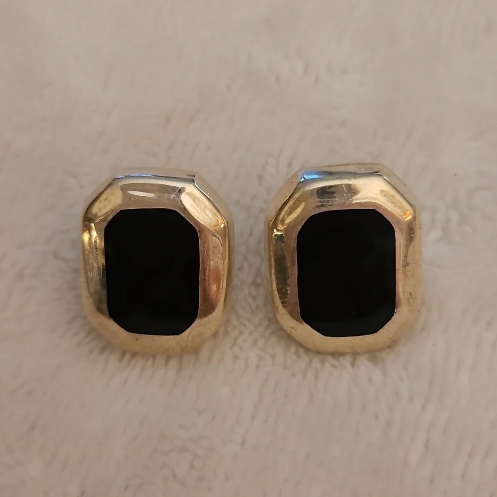Vintage Sterling Silver 925 Black Onyx Geometric Stud Earrings